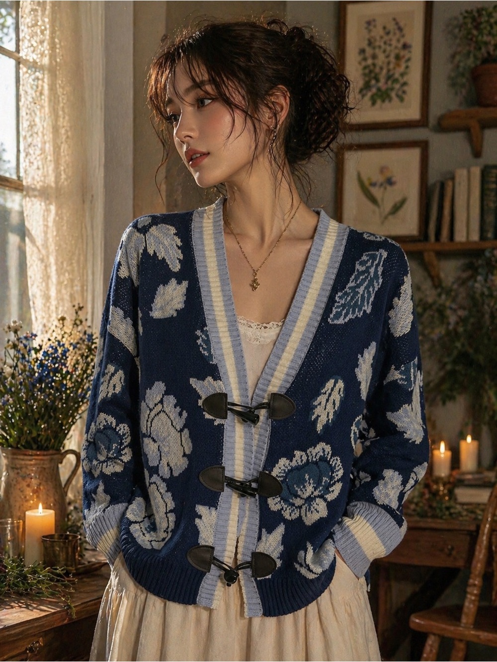 Driftwood Floral Knit Cardigan Toggle Front Cottagecore Blue Cozy Sweater Small